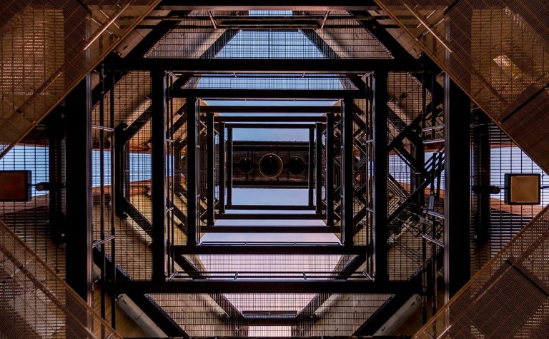 vertical shot of structure inside tower at the University of Illinois, photo by Dayne Topkin